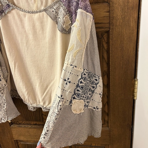 Free People In Pieces Bohemian Patchwork Top Cream and Purple Small - Picture 7 of 12